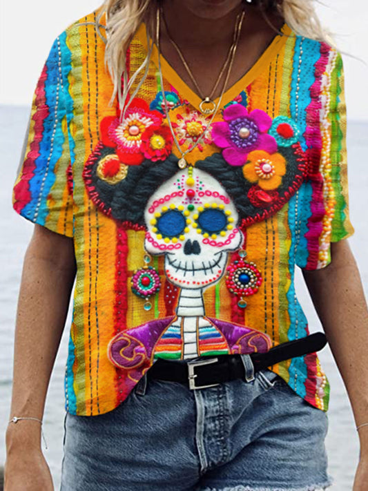 Classic Mexican Sugar Skeleton Catrina Day Of The Dead Inspired Painting V-Neck T-Shirt
