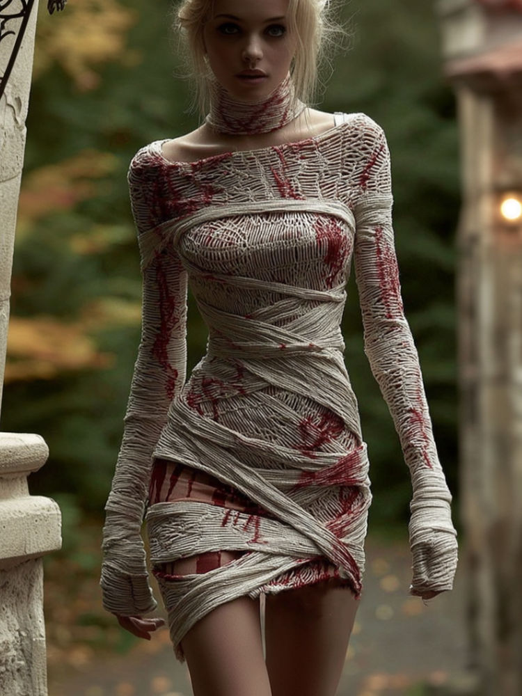 Women's Halloween Line Art Bandage Design Round Neck Knit Sweater Dress