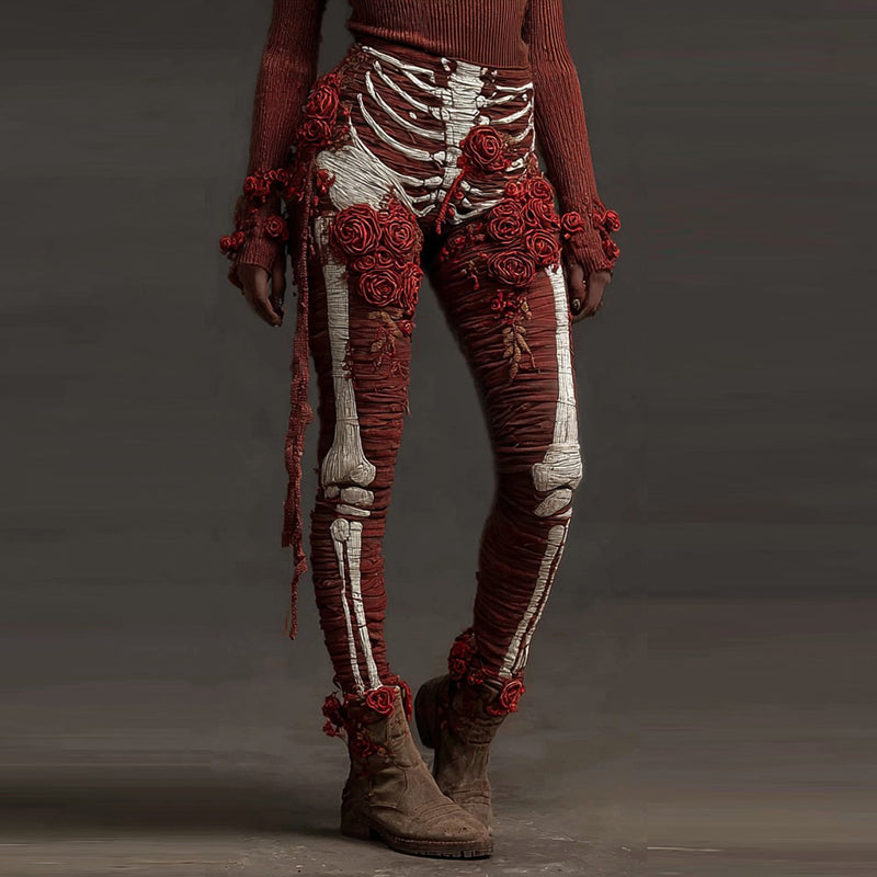 Women's Halloween Bandage Skull And Rose Art Leggings