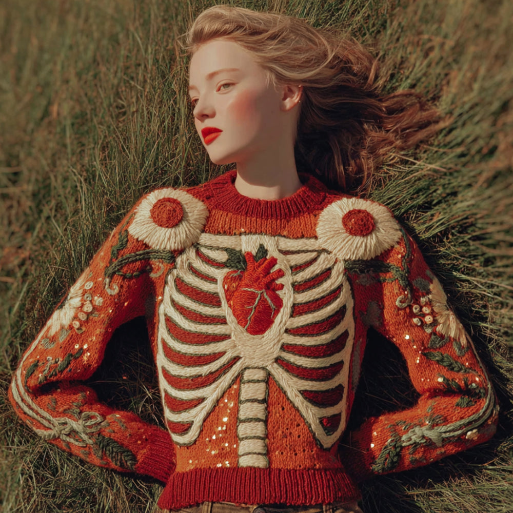 Women's Retro Halloween Anatomy And Floral Round Neck Sweater