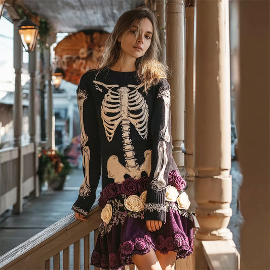 Skeleton & Floral Embroidery Art Women's Knit Mini Dress
