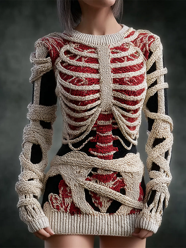 Halloween Skeleton & Bandage Art Women's Knit Slim-fit Sweater