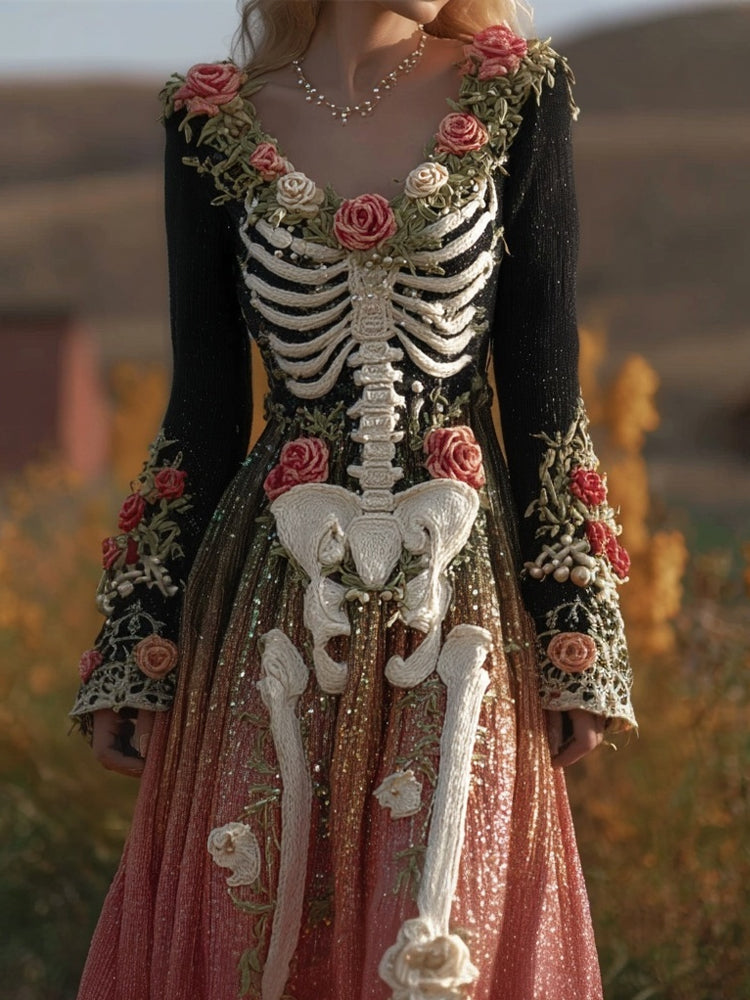 Vintage Skeleton Roses Glitter Gradient Flowy Maxi Dress