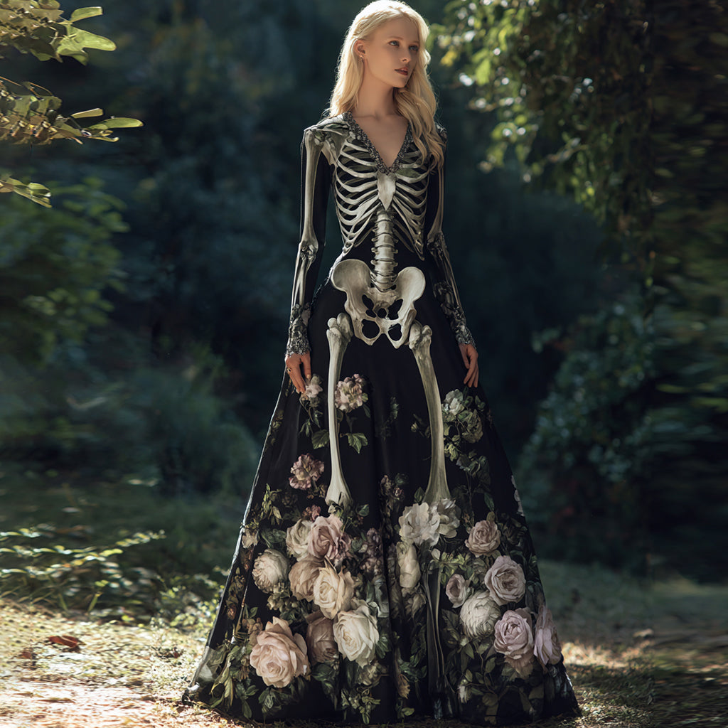 Women's Halloween Skull Rose Art Elegant V-neck Dress