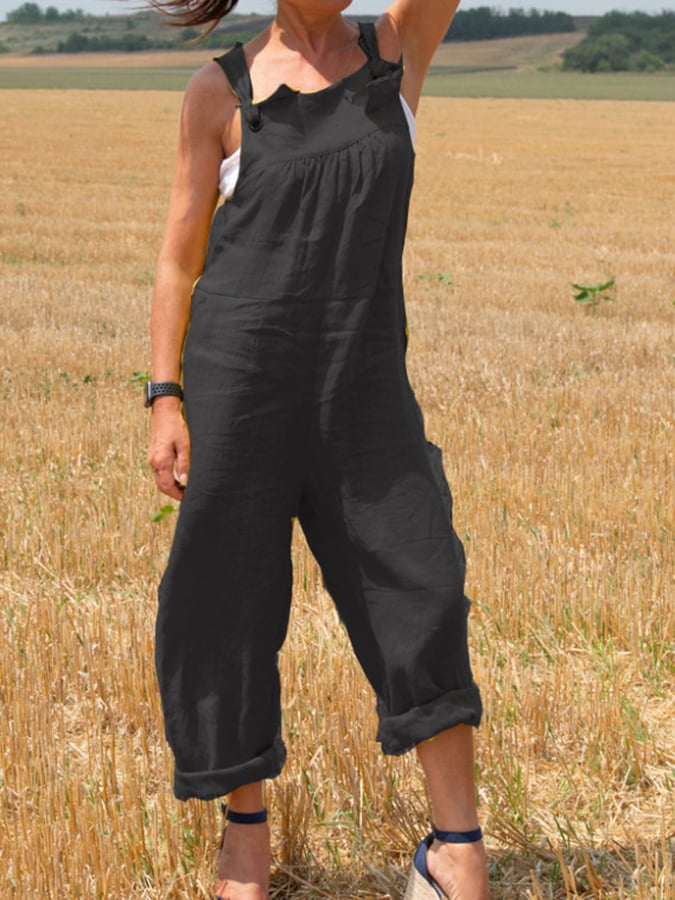 Solid Loose Cotton Linen Strap Jumpsuit