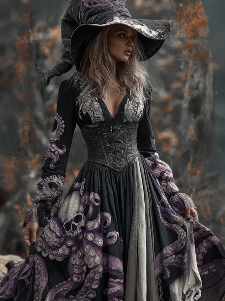 Lady's Halloween Skeleton Octopus Retro Cotton And Linen V-neck Dress