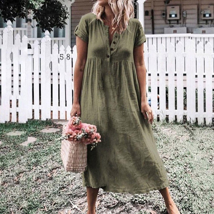 Airrys™ Pure Color Casual Cotton Blend Short Sleeve Dress