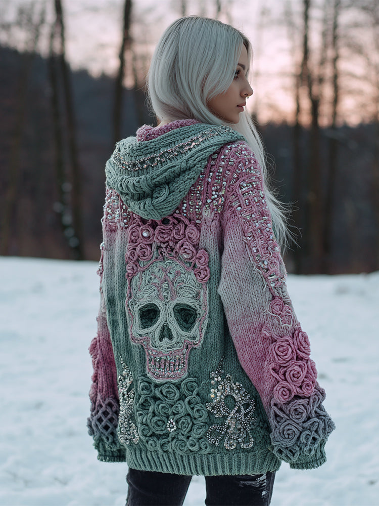 Women's Flower Skull Comfort Loose Gradient Button Sweater Cardigan