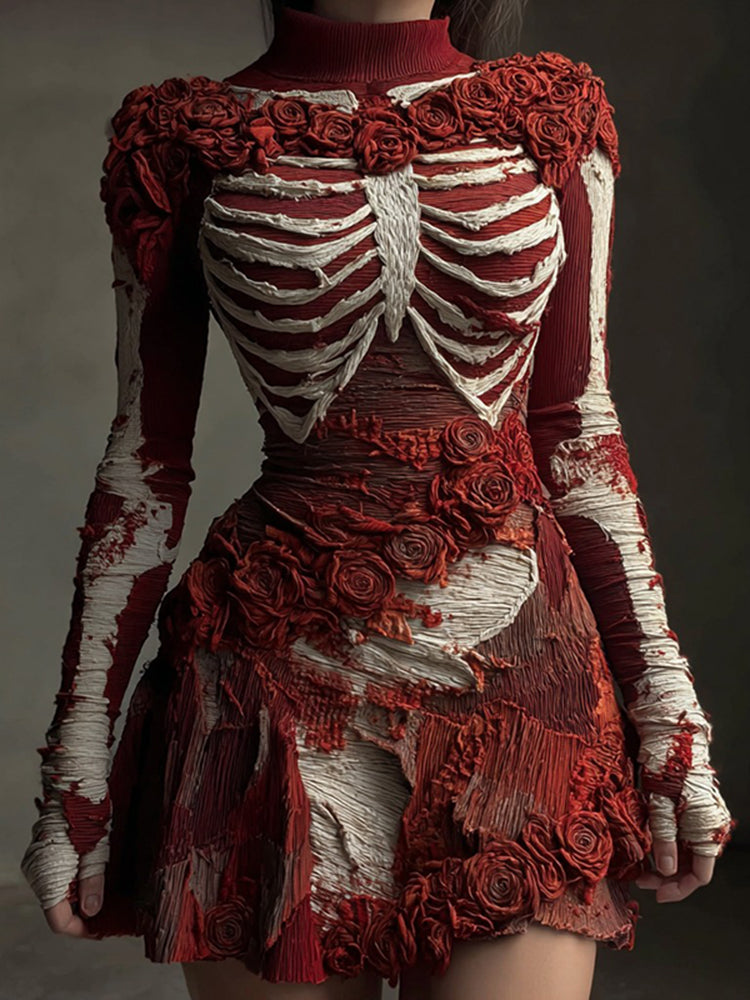 Women's Halloween Skull Rose Art Knitted Wool Skirt