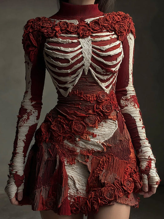 Women's Halloween Skull Rose Art Knitted Wool Skirt