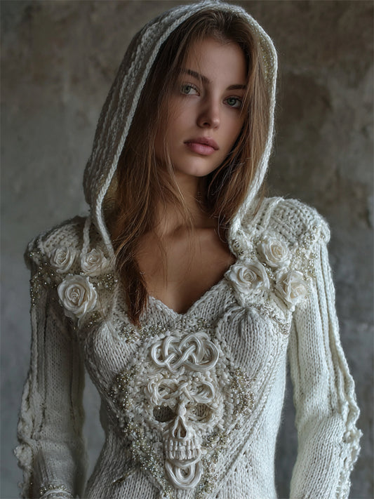 Vintage White Roses Celtic Skull Beaded Hooded Cozy Knit Sweater
