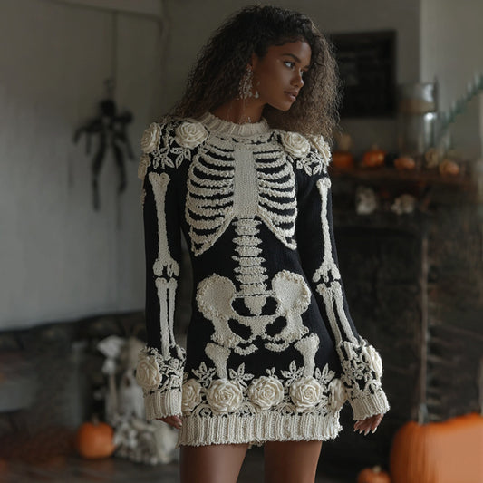 Women's Halloween Skeleton Bones Leather With Rose Cozy Knit Mini Sweater Dress