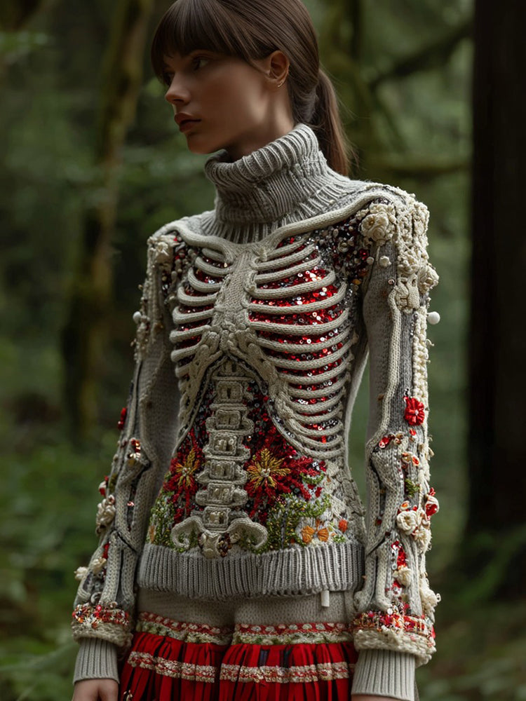 Halloween Skull Sequin Art Knitted Turtleneck Sweater