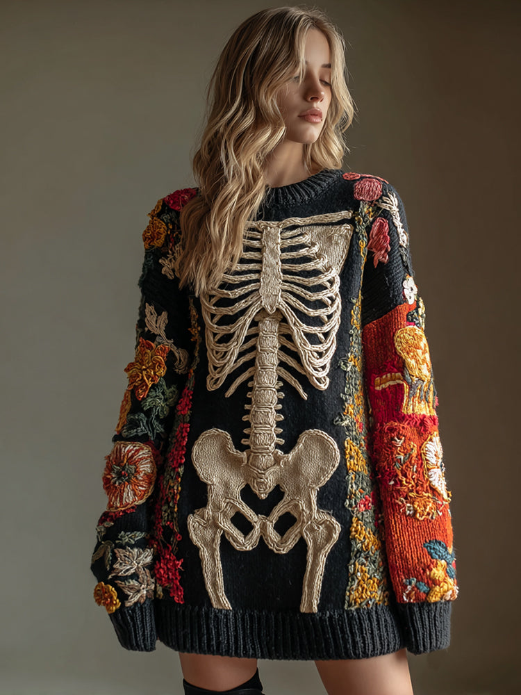 Women's Vintage Halloween Skull Flower Art Cozy Knit Sweater Mini Dress