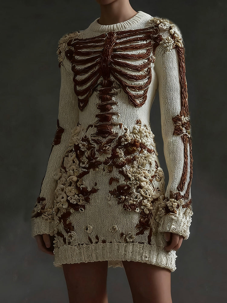 Women's Halloween Skeleton Flower Art Gothic Knitt Mini Sweater Dress