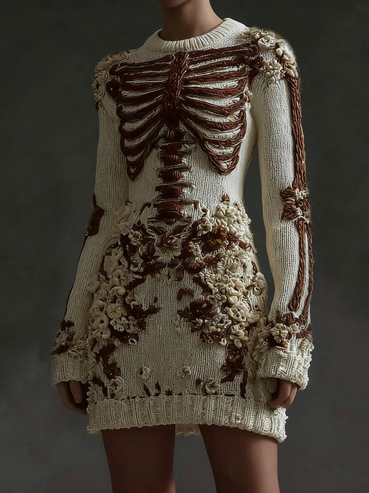 Women's Halloween Skeleton Flower Art Gothic Knitt Mini Sweater Dress