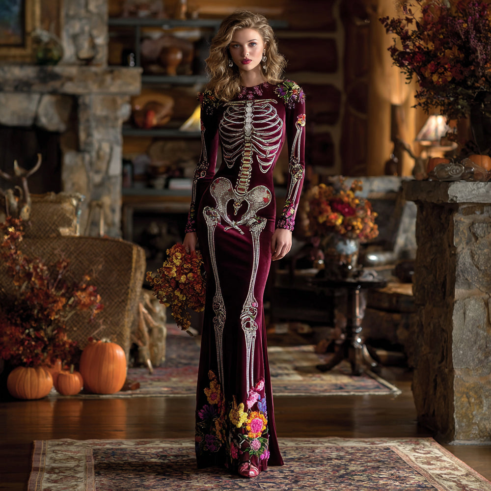 Retro Mexican Day Of The Dead Skeleton Bones Embroidery Flowers Cozy Velvet Maxi Dress
