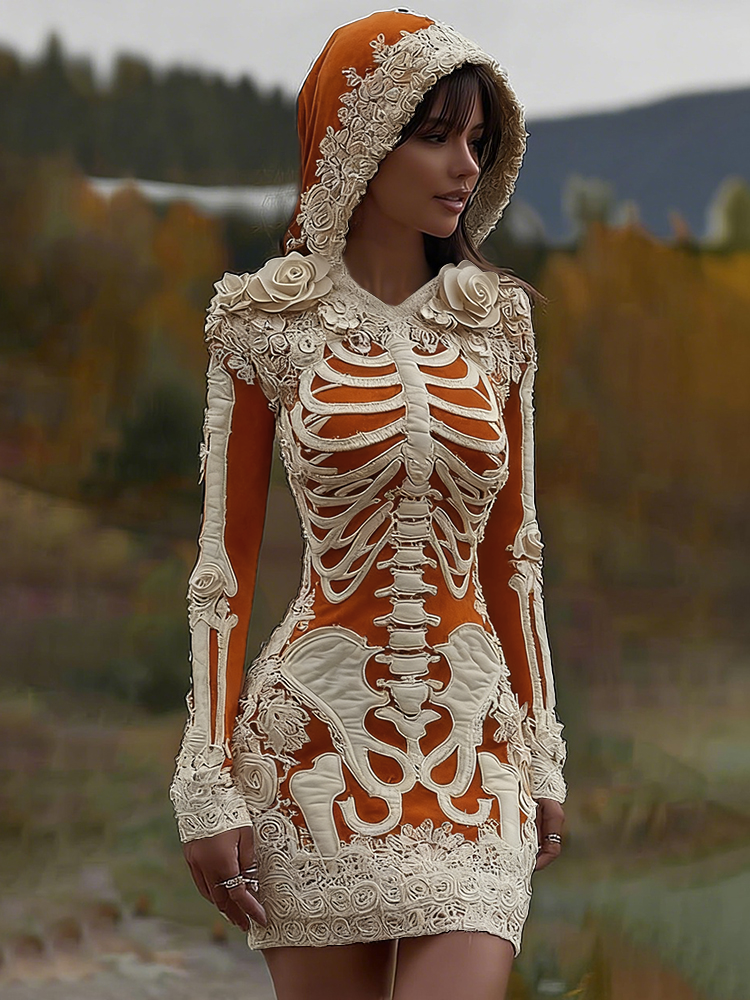 Women's Vintage Halloween Skeleton Bones With Rose Art Cozy Knit Hooded Sweater Dress