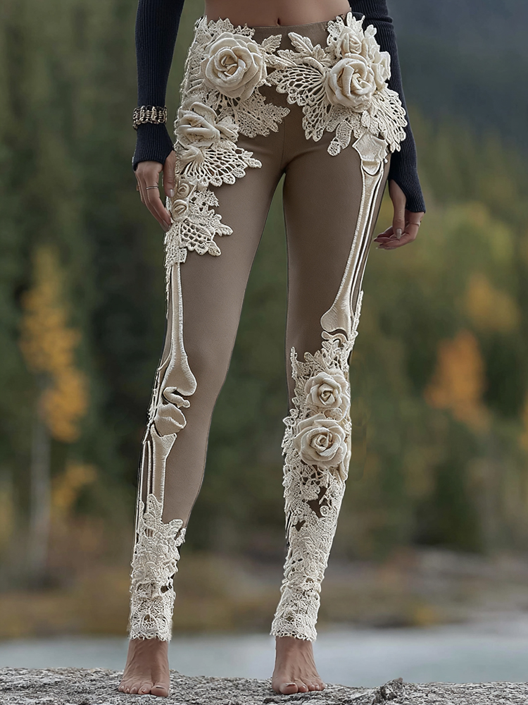 Vintage Halloween Skeleton Bones With Rose Art Cozy Knit Leggings