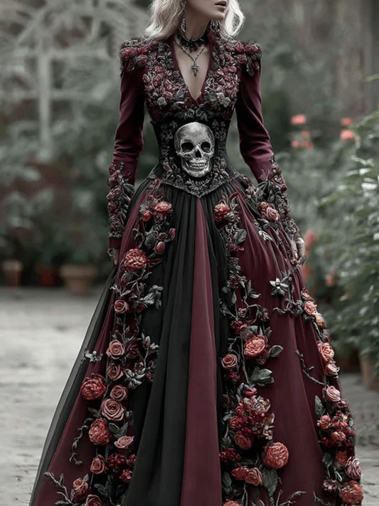 Vintage Skull Skeleton And Red Roses Flowy Maxi Dress