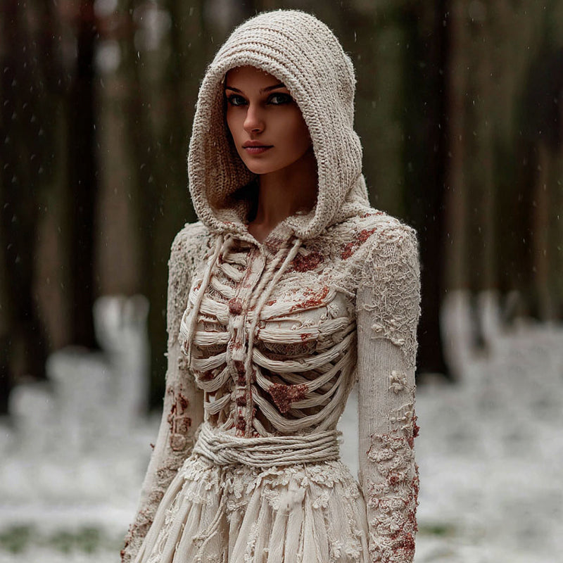 Women's Vintage Halloween Skeleton Knit Hooded Sweater