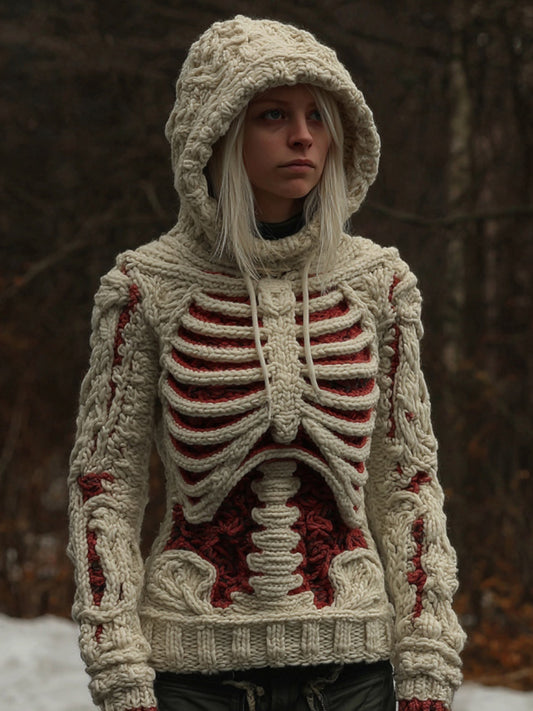 Women's Vintage White Skeleton Color Block Art Cozy Hooded Sweater