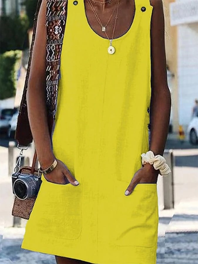 Women's Pure Color Strap Cotton Linen Dress