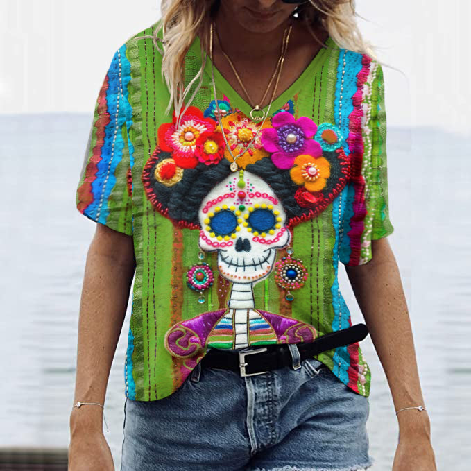 Classic Mexican Sugar Skeleton Catrina Day Of The Dead Inspired Painting V-Neck T-Shirt
