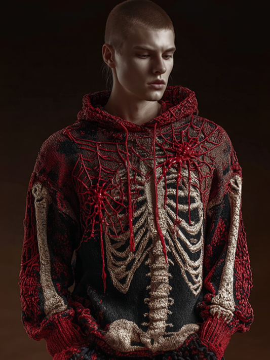 Halloween Spider And Skeleton Skeleton Design Men's Hooded Knit Sweater