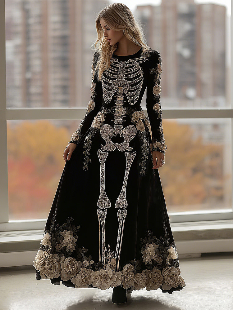 Women's Halloween Rose Skeleton Velvet Round Neck Maxi Dress