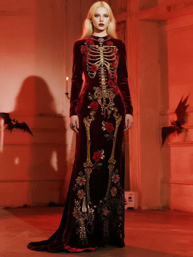 Women's Halloween Castle Rose Skeleton Velvet Round Neck Maxi Dress