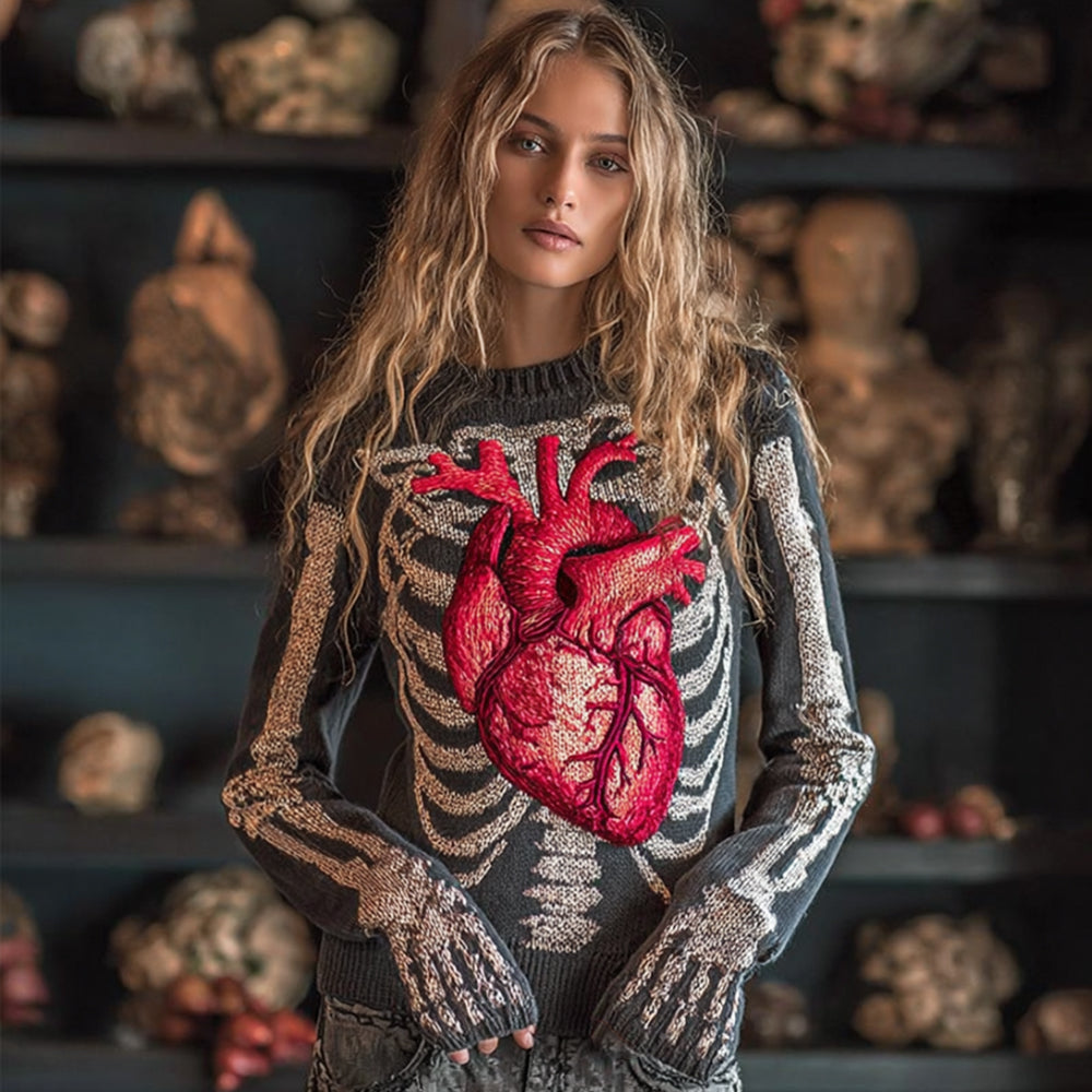 Women Halloween Human Bones Beating Red Heart Embroidery Antique Round Neck Sweater