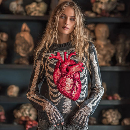 Women Halloween Human Bones Beating Red Heart Embroidery Antique Round Neck Sweater