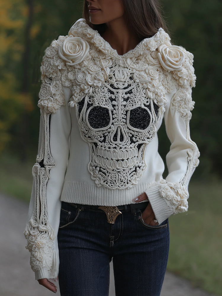 Women's Halloween Skull Face With Roses Art Knitted Warm Hooded Sweater