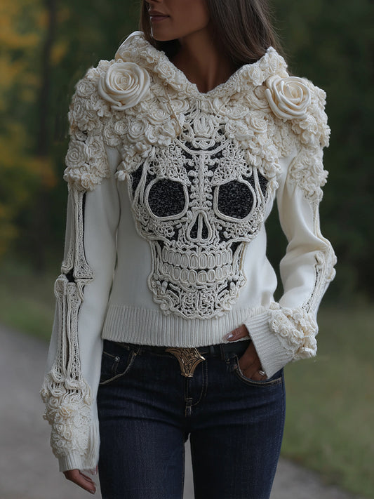 Women's Halloween Skull Face With Roses Art Knitted Warm Hooded Sweater