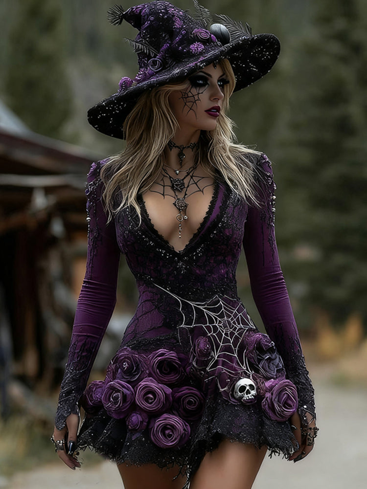Women's Halloween Skull Flower Spiderweb Witch Midi Dress