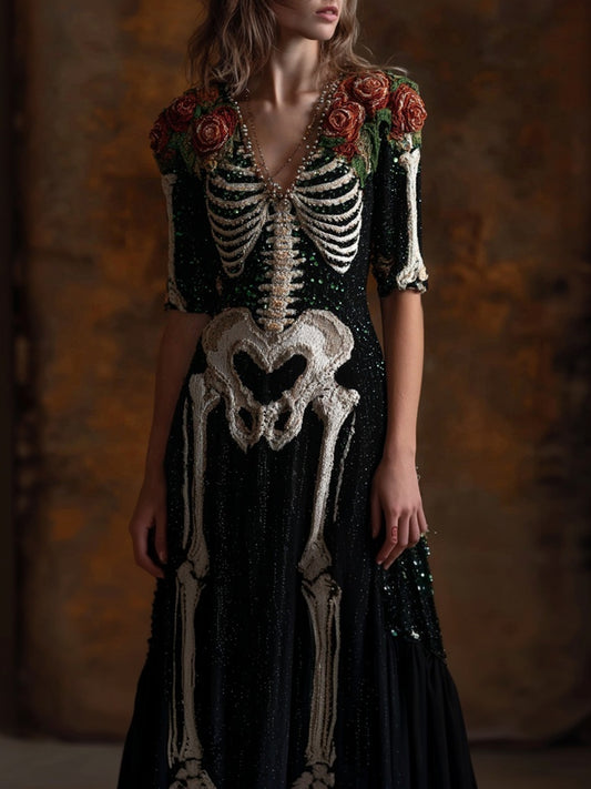 Vintage Skeleton Roses Glitter V Neck Cozy Maxi Dress