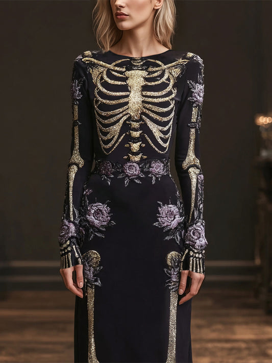 Halloween Skull Floral Sequin Art Women's Maxi Dress