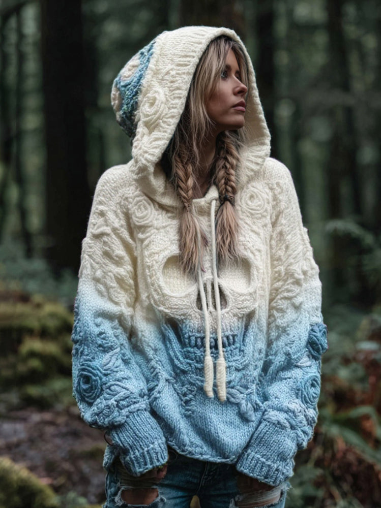 Women's Vintage Viking Skull And Rose Gradient Art Knit Hooded Sweater