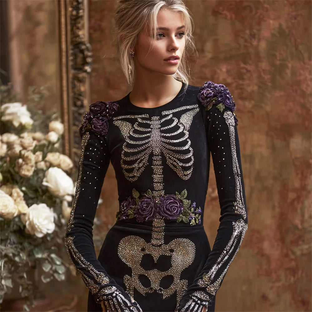 Elegant Skull Floral Sequin Art Women's Maxi Dress