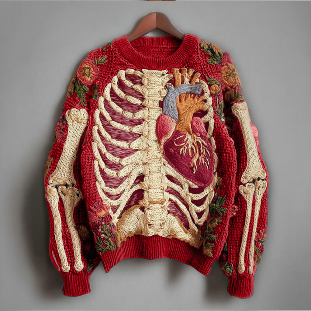 Vintage Halloween Human Anatomy Art And Floral Round Neck Sweater