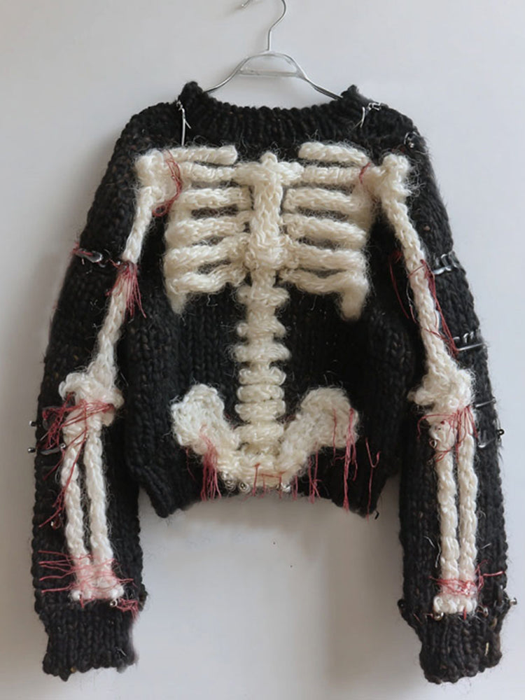 Women's Vintage White Black Skeleton Art Cozy Sweater