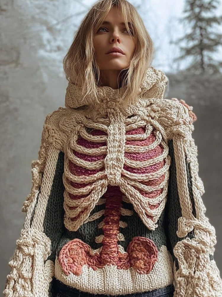 Women Halloween Human Anatomy Coarse Needle Hooded Sweater