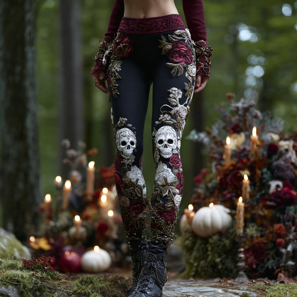 Women's Vintage Rose Skull Art Comfort Leggings