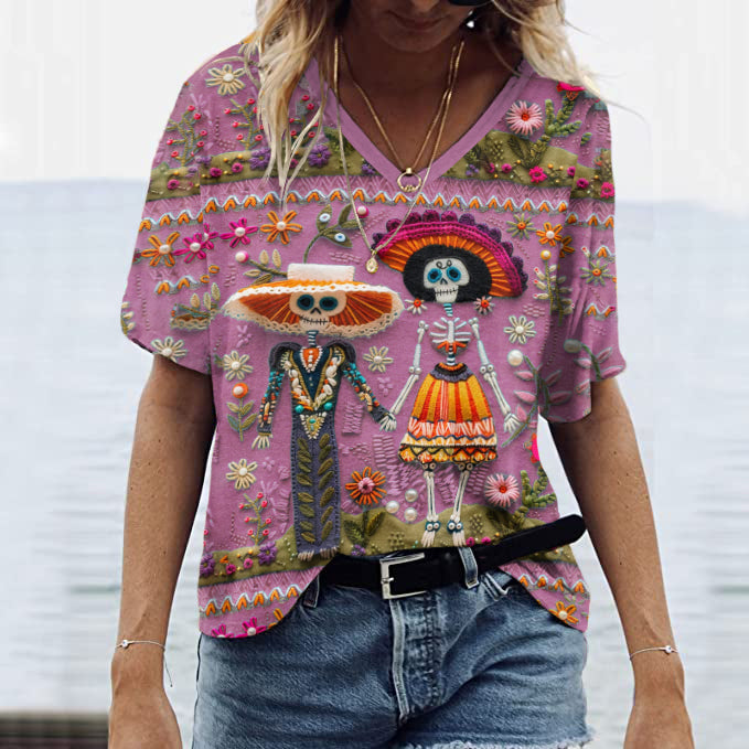 Mexican Sugar Skeleton Couple Catrina Day Of The Dead Inspired Art Inspired Painting V-Neck T-Shirt