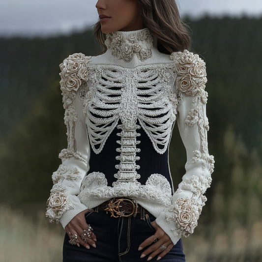 Women's Halloween Skeleton Bones With Roses Art Knitted Warm Turtleneck Sweater