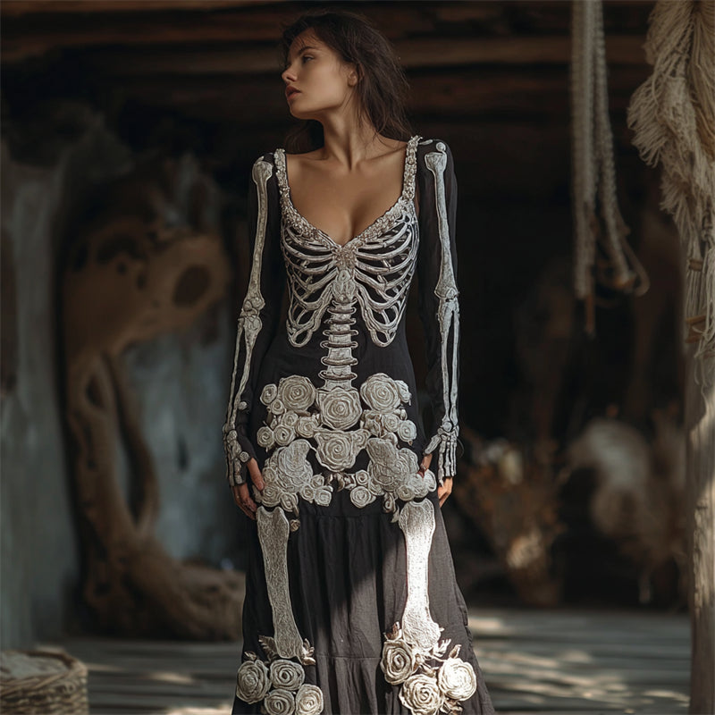 Vintage Skeleton White Floral Beaded Linen Maxi Dress