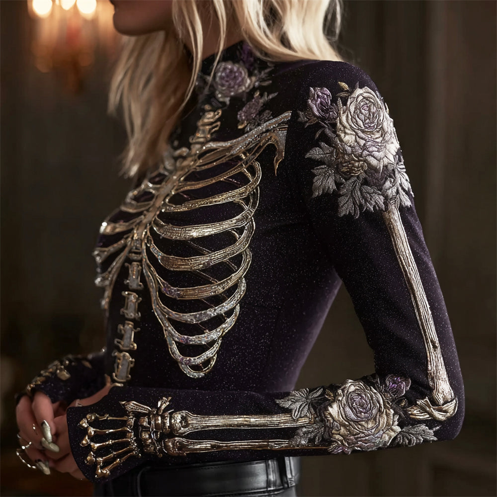 Sequin Skull Floral Art Women's Fitted Top