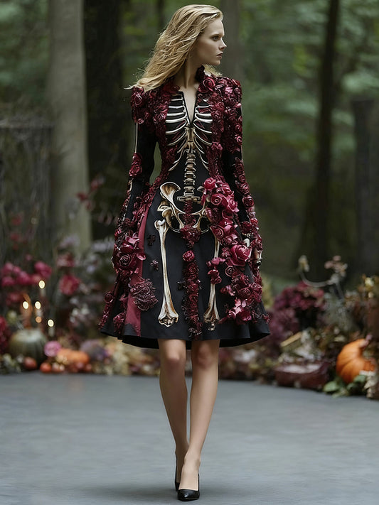 Women's Elegant Retro Skeleton Flower Pattern V-neck Long Sleeve Midi Dress