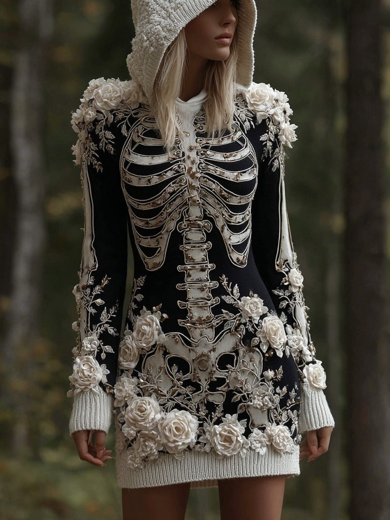 Women's Vintage Skeleton & White Rose Art Cozy Sweater Hooded Dress